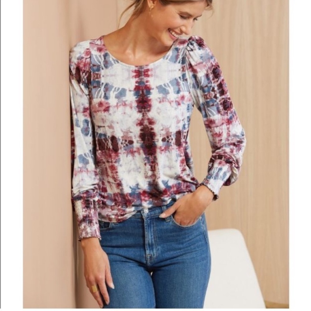 NWT Allison Joy Evereve Elana Smock Tie Dye Puff Top Long Sleeve Top Size XS
